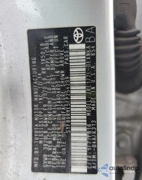 2015 Toyota Corolla L from USA, damaged, VIN 5YFBURHE5FP254299